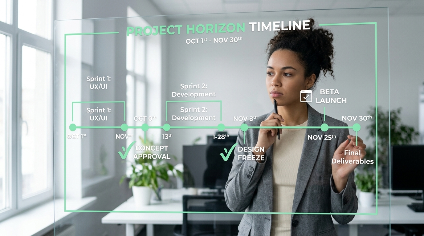 A calendar and timeline with a person thinking