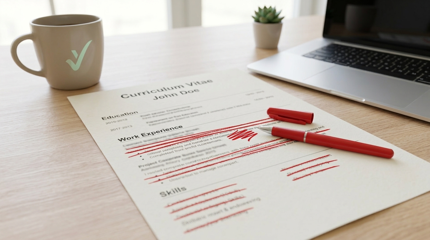 A printed CV with several lines struck through in red pen