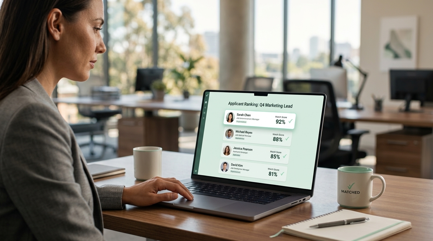 A hiring manager reviewing a ranked list of applicants with match scores on a laptop