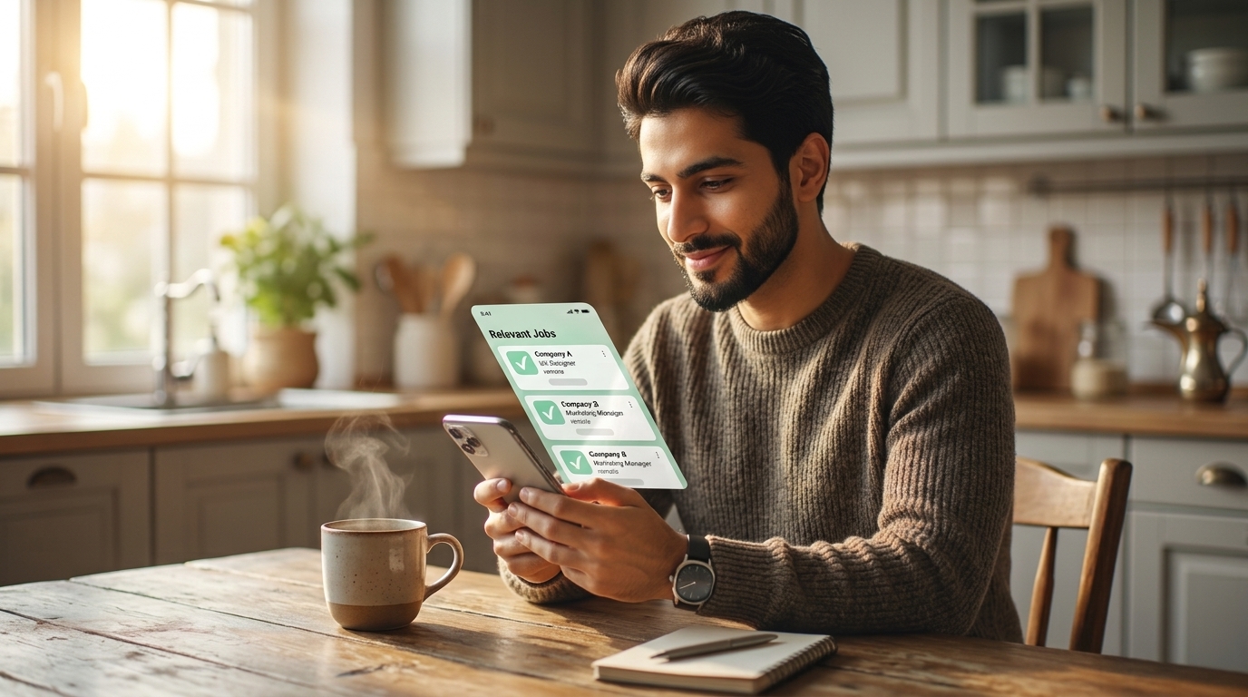 A jobseeker viewing a short list of relevant job cards on a smartphone