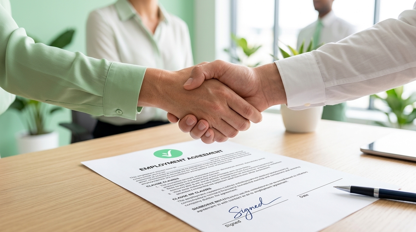 A handshake over a desk with a contract