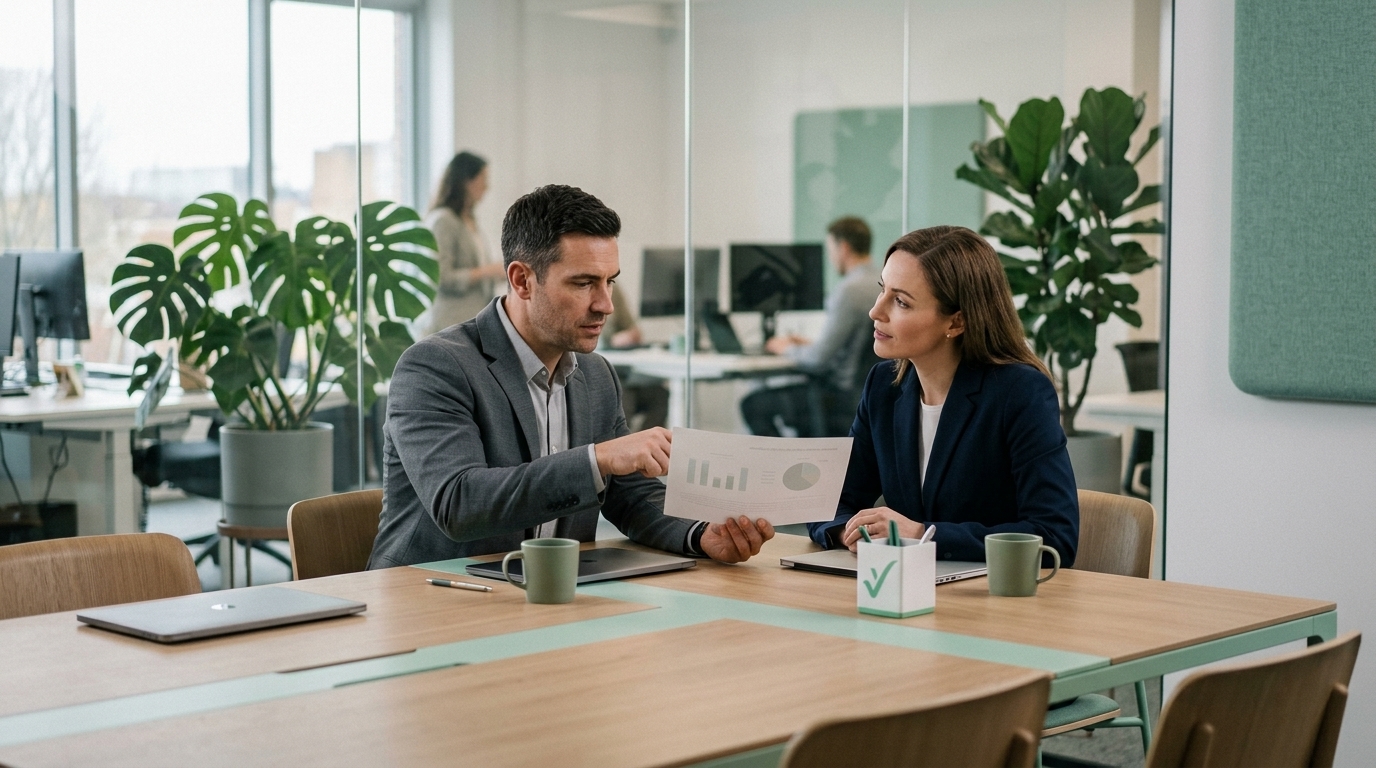 Two colleagues having a discussion across a table in a small meeting room