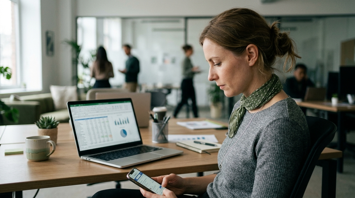 A person discreetly checking job listings on a phone at their desk