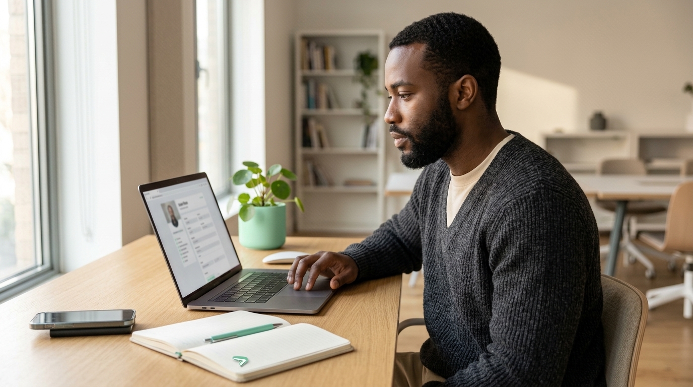 A candidate reviewing their online profile on a laptop