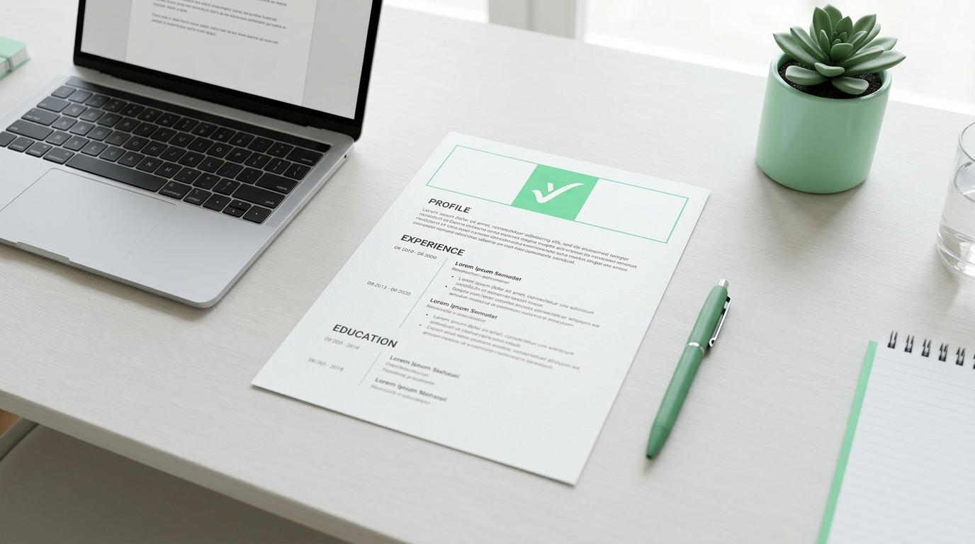 A printed CV on a desk next to a laptop and a pen