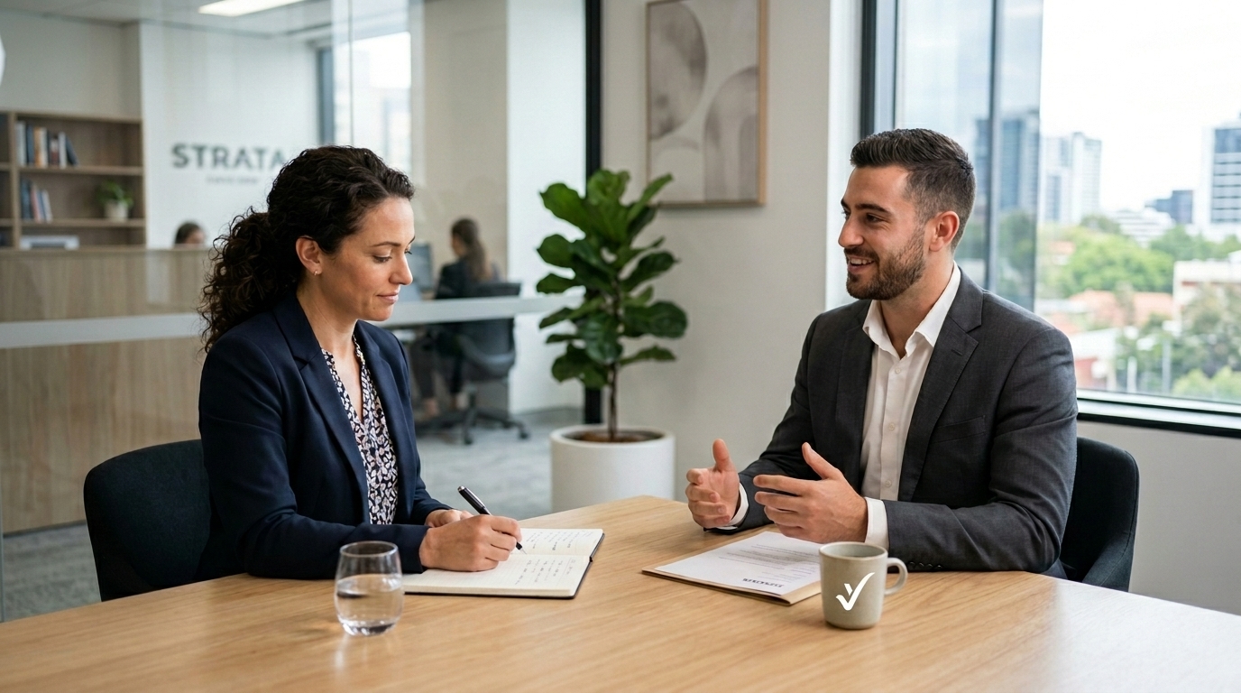 Two people at an interview table with a notepad