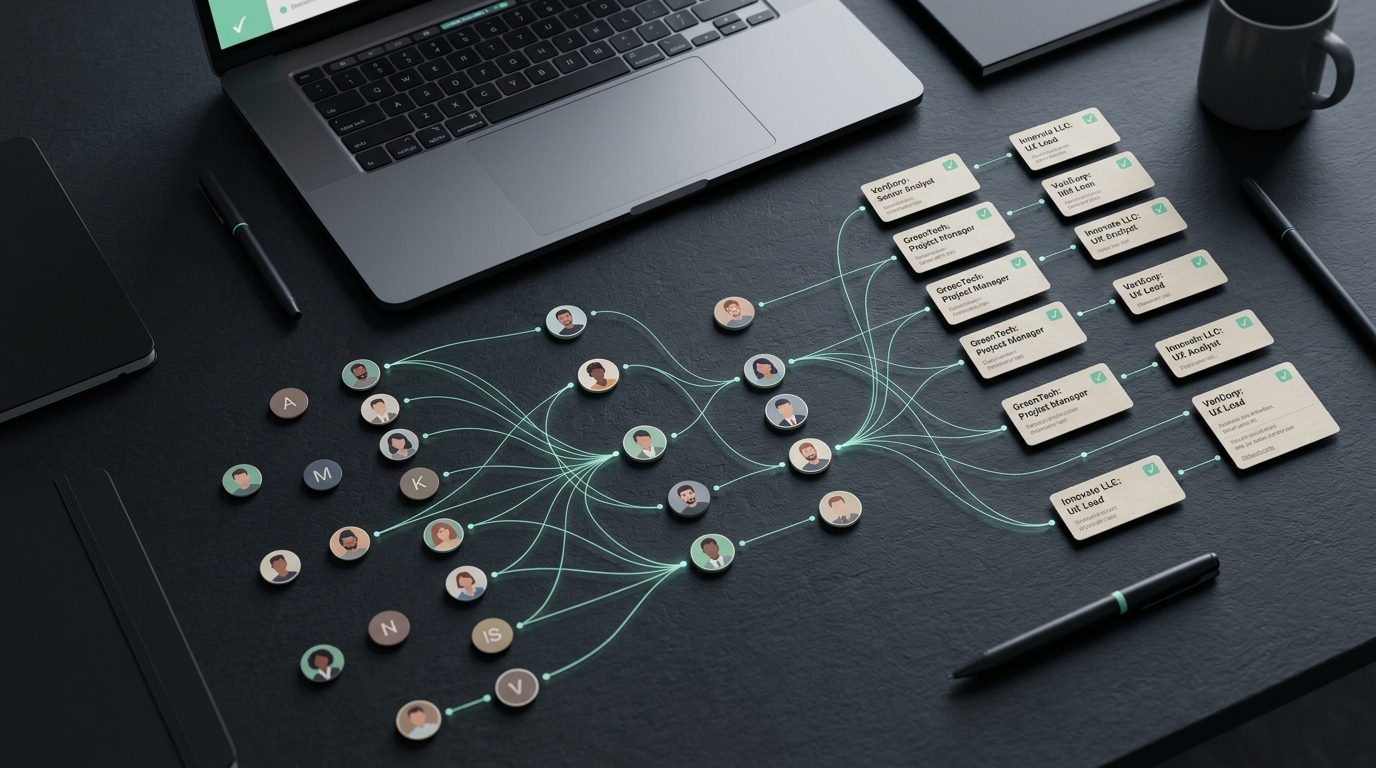 An abstract network of connection lines linking candidate profiles to job listings
