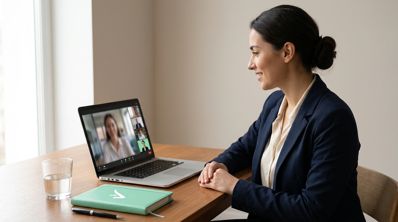 A person sitting at a desk during a video job interview
