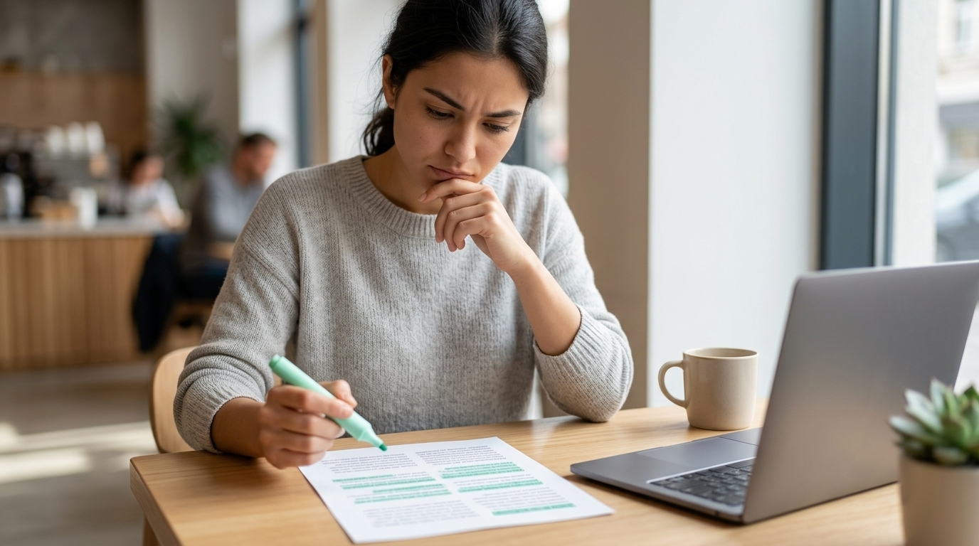 A person reading a printed job advertisement with a highlighter pen