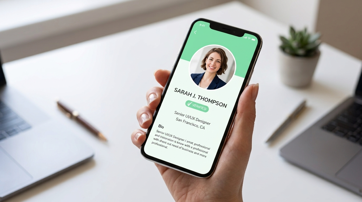 A professional profile displayed on a phone and laptop screen