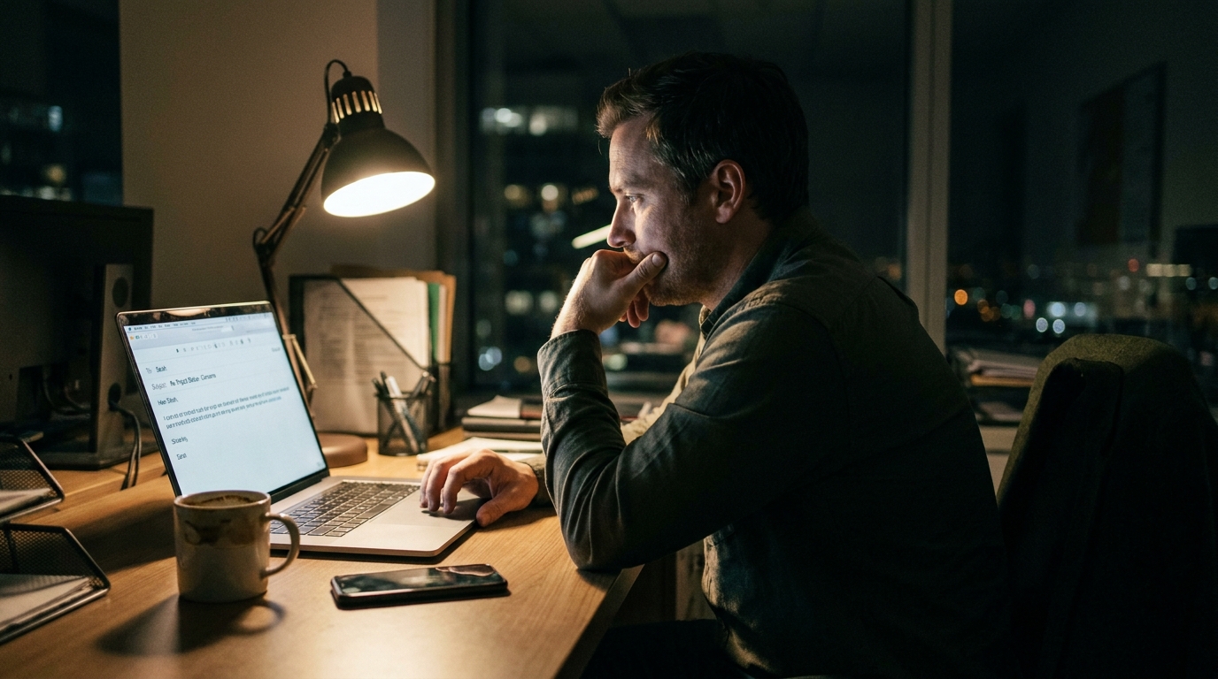 A person looking thoughtfully at a laptop screen late in the evening