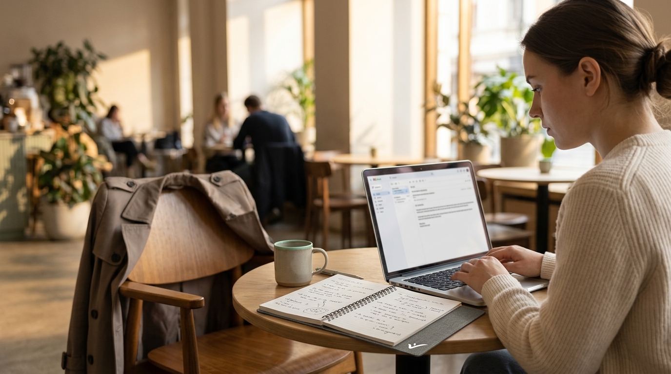 A person writing an email on a laptop with interview notes open beside them