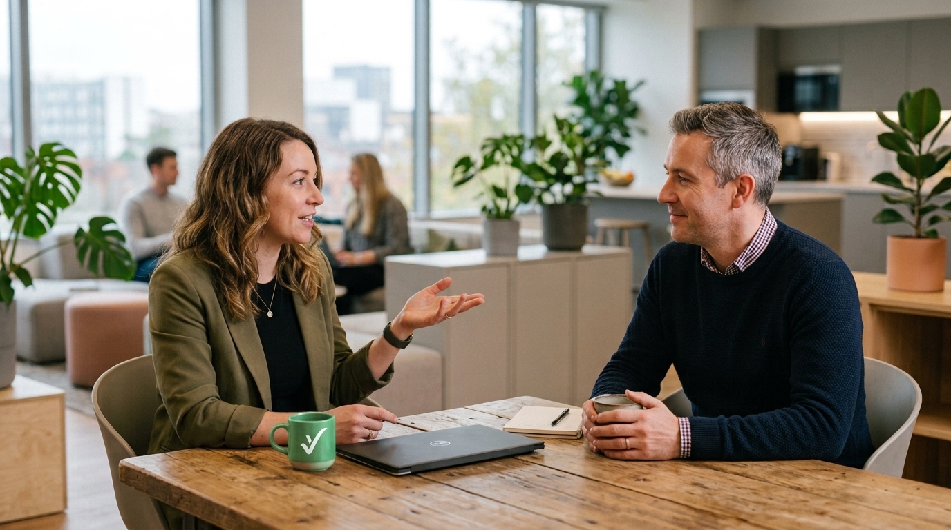 Two professionals having an informal conversation over coffee in an office