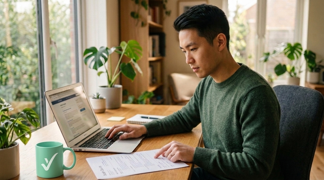 A person comparing a printed CV with a laptop screen while writing an application