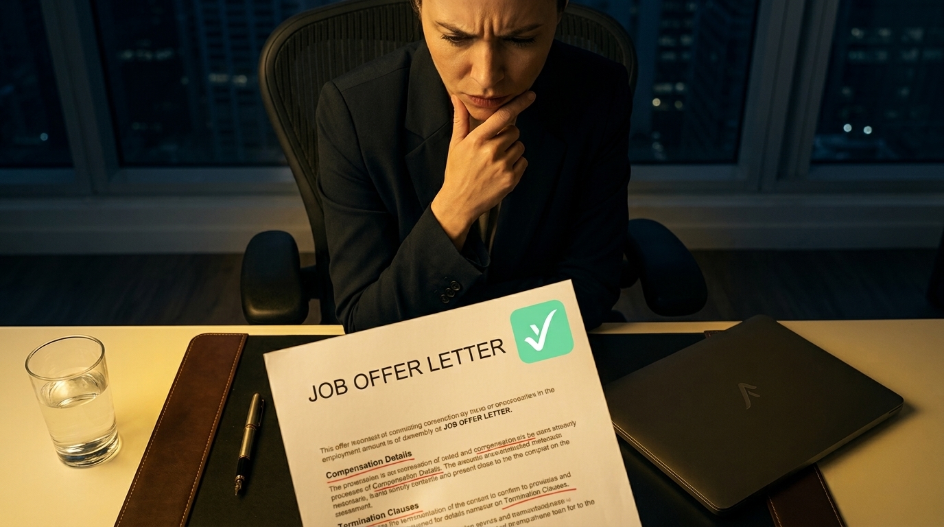 A person carefully reviewing an offer letter beside a warning sign