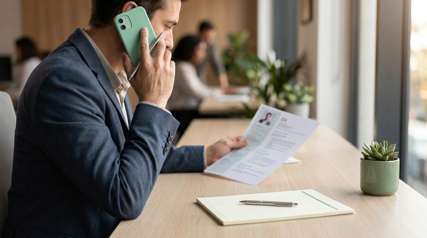 A manager taking a reference call at a desk while reviewing a printed CV