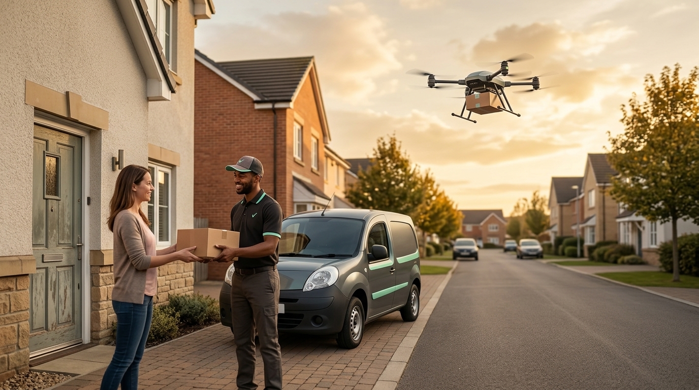 A delivery courier handing over a parcel while a drone flies overhead